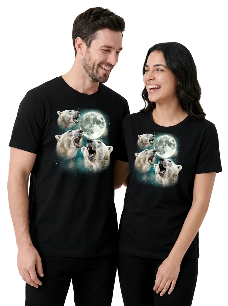 Couple wearing the Three Polar Bear Moon cosmic t-shirt - MagicMoon moon-channeled design
