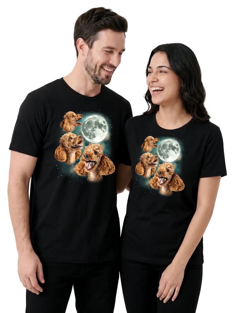 Couple wearing the Three Poodle Moon cosmic t-shirt - MagicMoon moon-channeled design