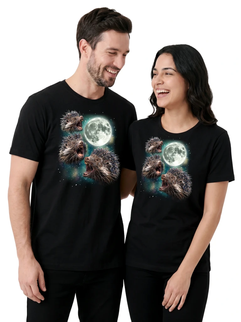 Couple wearing the Three Porcupine Moon cosmic t-shirt - MagicMoon moon-channeled design