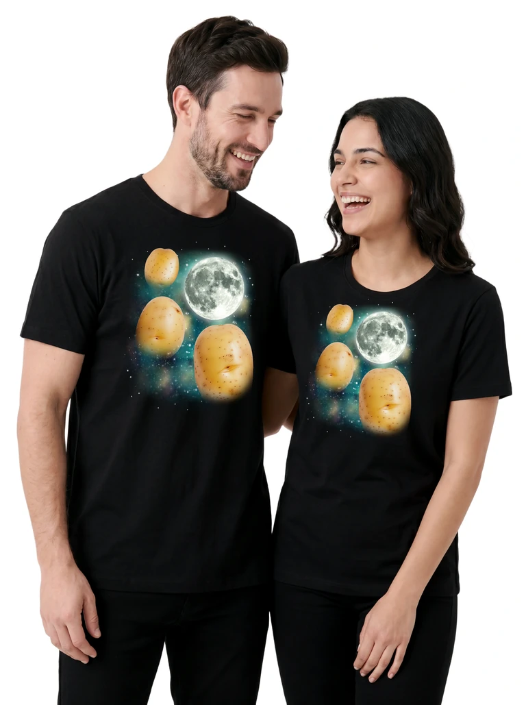 Couple wearing the Three Potato Moon cosmic t-shirt - MagicMoon moon-channeled design
