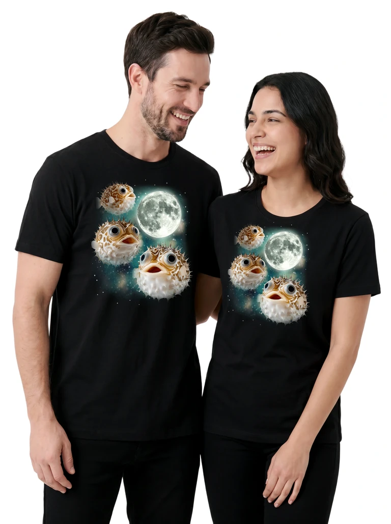 Couple wearing the Three Pufferfish Moon cosmic t-shirt - MagicMoon moon-channeled design