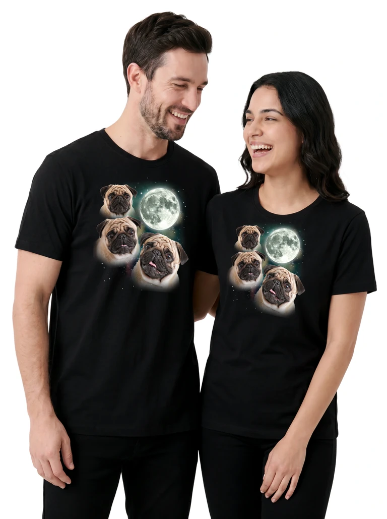Couple wearing the Three Pug Moon cosmic t-shirt - MagicMoon moon-channeled design