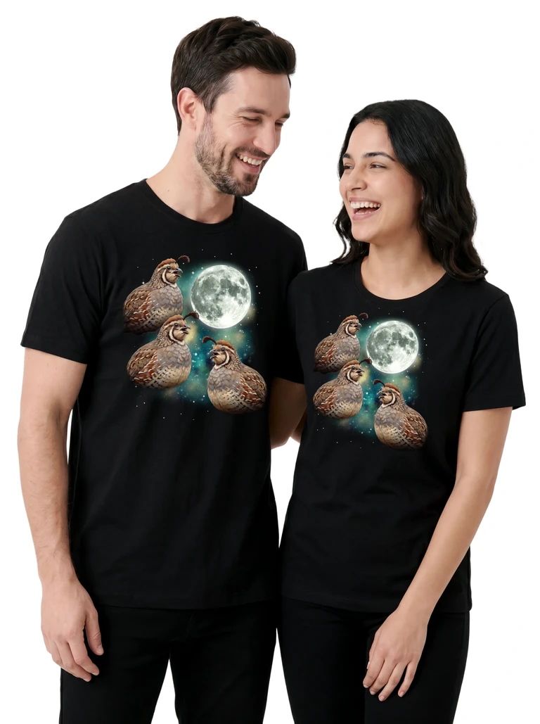 Couple wearing the Three Quail Moon cosmic t-shirt - MagicMoon moon-channeled design