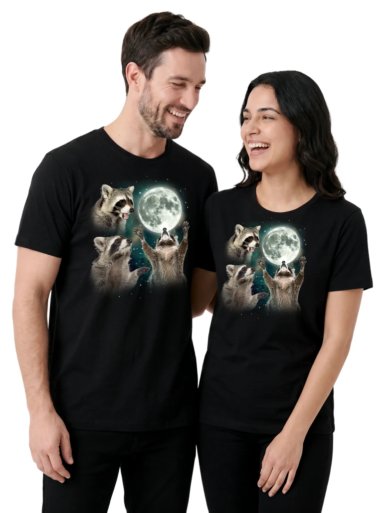 Couple wearing the Three Raccoon Moon cosmic t-shirt - MagicMoon moon-channeled design