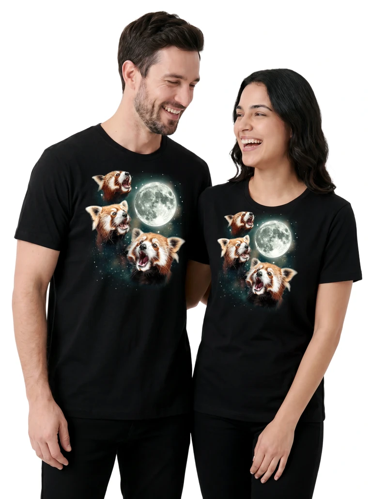 Couple wearing the Three Red Panda Moon cosmic t-shirt - MagicMoon moon-channeled design