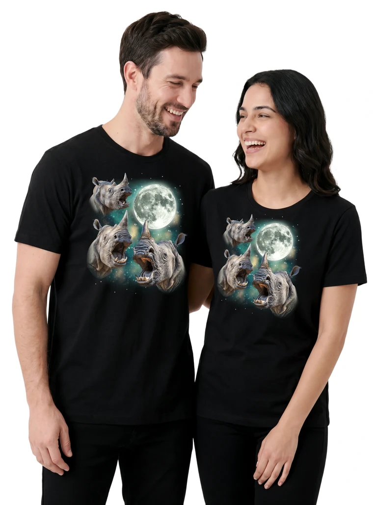 Couple wearing the Three Rhino Moon cosmic t-shirt - MagicMoon moon-channeled design