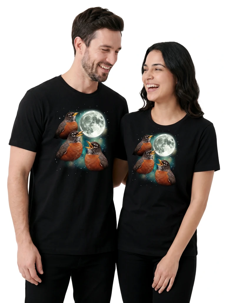 Couple wearing the Three Robin Moon cosmic t-shirt - MagicMoon moon-channeled design
