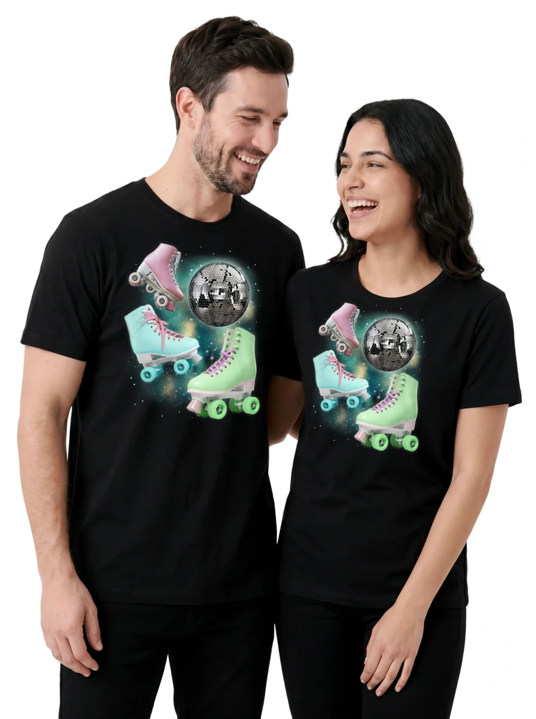 Couple wearing the Three Roller Skate Moon cosmic t-shirt - MagicMoon moon-channeled design
