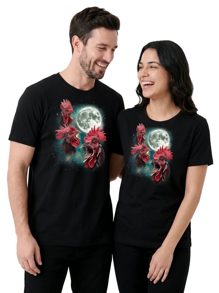 Couple wearing the Three Rooster Moon cosmic t-shirt - MagicMoon moon-channeled design