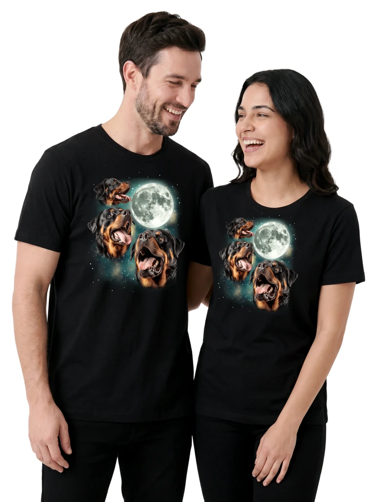Couple wearing the Three Rottweiler Moon cosmic t-shirt - MagicMoon moon-channeled design