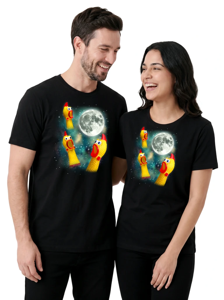 Couple wearing the Three Rubber Chicken Moon cosmic t-shirt - MagicMoon moon-channeled design