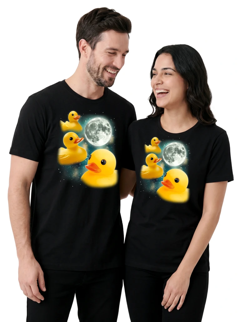 Couple wearing the Three Rubber Duck Moon cosmic t-shirt - MagicMoon moon-channeled design