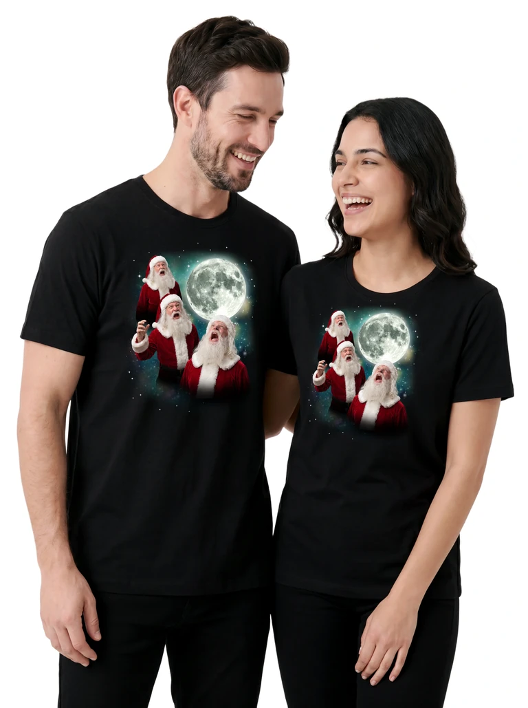 Couple wearing the Three Santa Claus Moon cosmic t-shirt - MagicMoon moon-channeled design