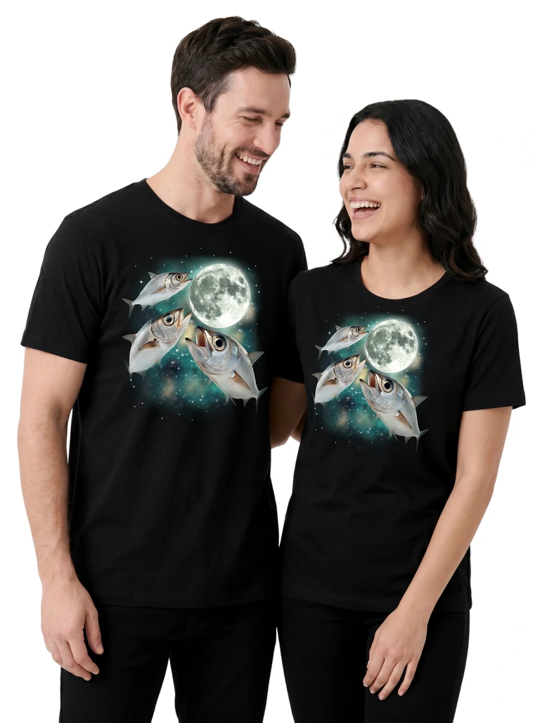 Couple wearing the Three Sardine Moon cosmic t-shirt - MagicMoon moon-channeled design