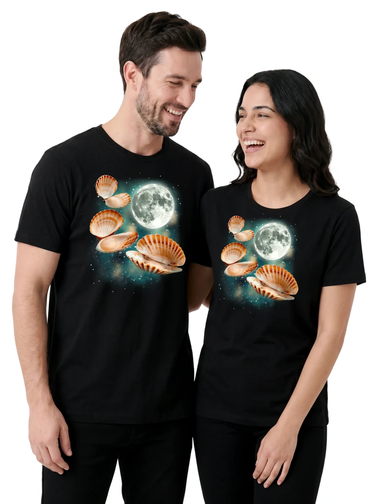 Couple wearing the Three Scallop Moon cosmic t-shirt - MagicMoon moon-channeled design