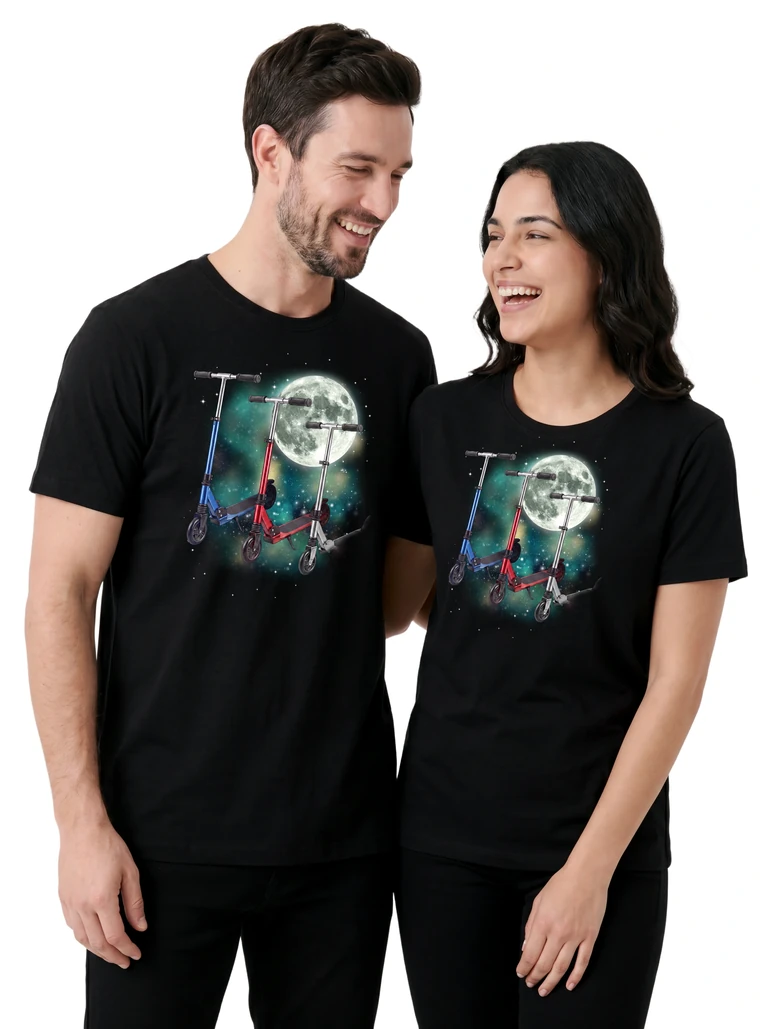 Couple wearing the Three Scooter Moon cosmic t-shirt - MagicMoon moon-channeled design