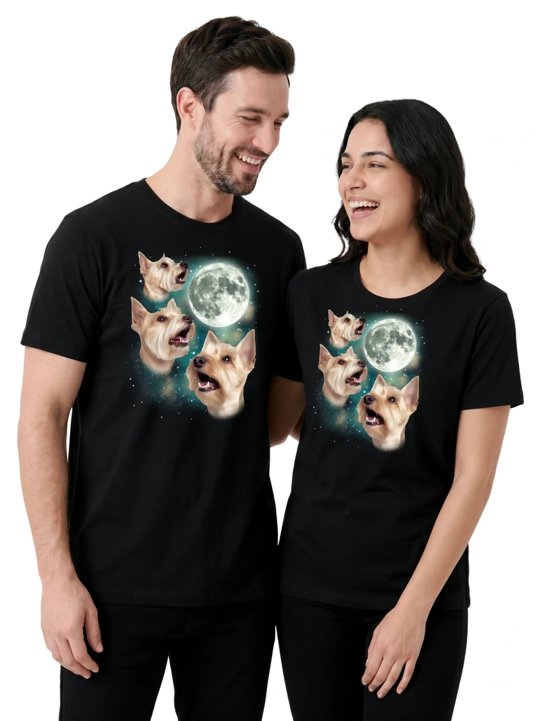 Couple wearing the Three Scottie Moon cosmic t-shirt - MagicMoon moon-channeled design