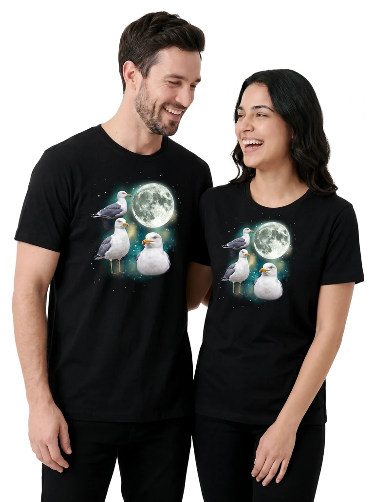 Couple wearing the Three Seagull Moon cosmic t-shirt - MagicMoon moon-channeled design