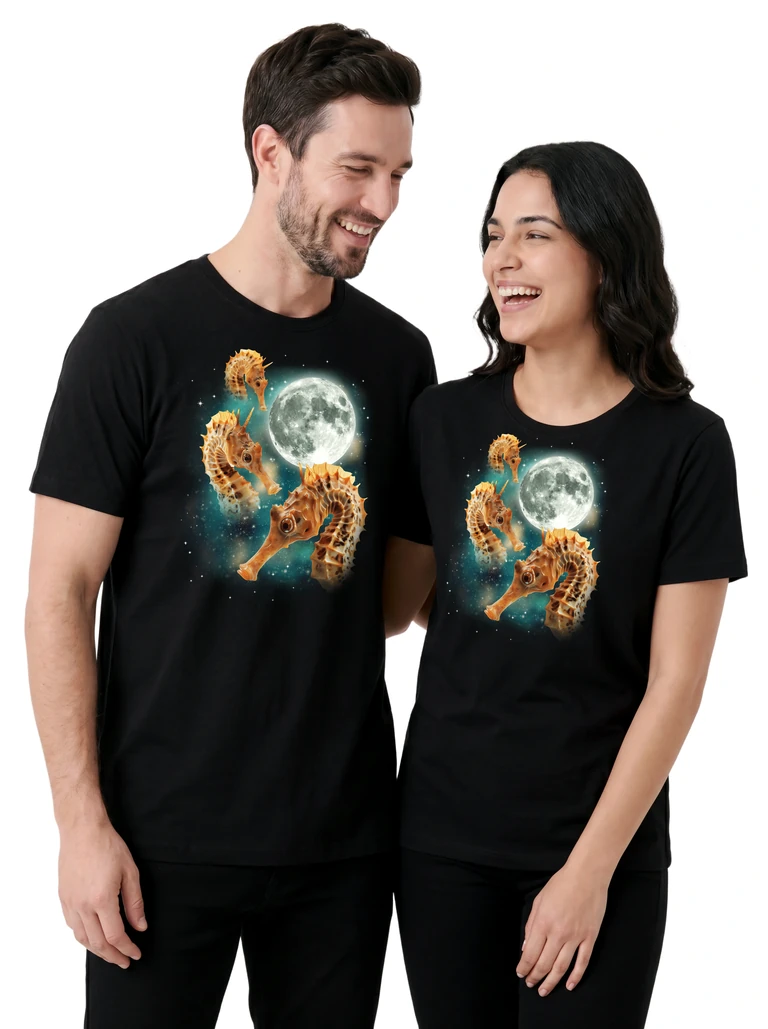 Couple wearing the Three Seahorse Moon cosmic t-shirt - MagicMoon moon-channeled design
