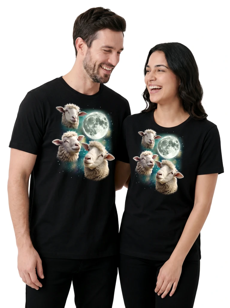 Couple wearing the Three Sheep Moon cosmic t-shirt - MagicMoon moon-channeled design