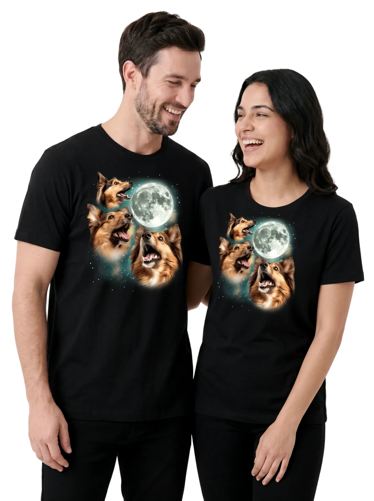 Couple wearing the Three Shetland Sheepdog Moon cosmic t-shirt - MagicMoon moon-channeled design