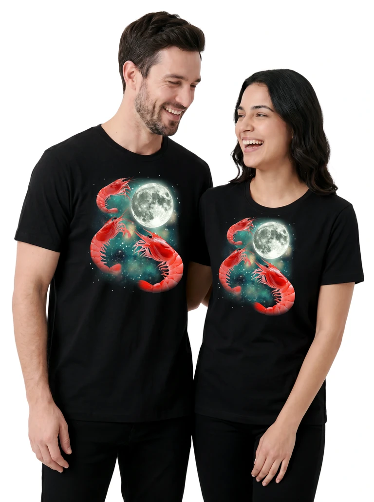 Couple wearing the Three Shrimp Moon cosmic t-shirt - MagicMoon moon-channeled design