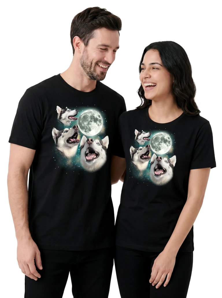 Couple wearing the Three Siberian Husky Moon cosmic t-shirt - MagicMoon moon-channeled design