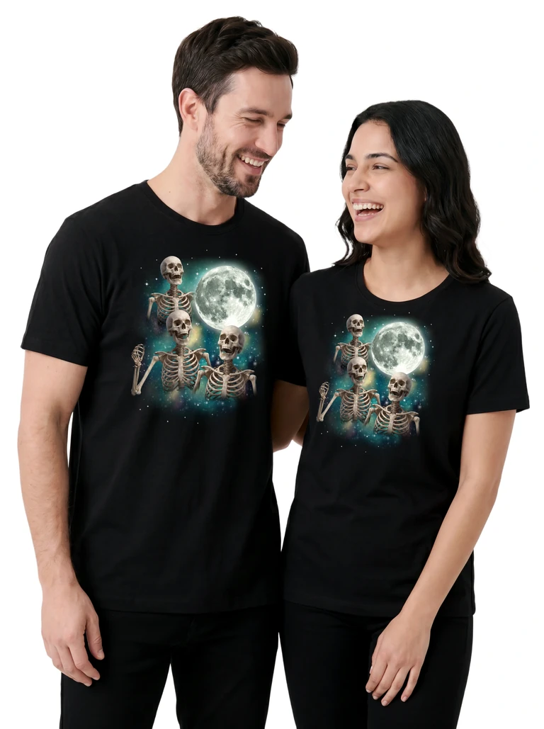 Couple wearing the Three Skeleton Moon cosmic t-shirt - MagicMoon moon-channeled design