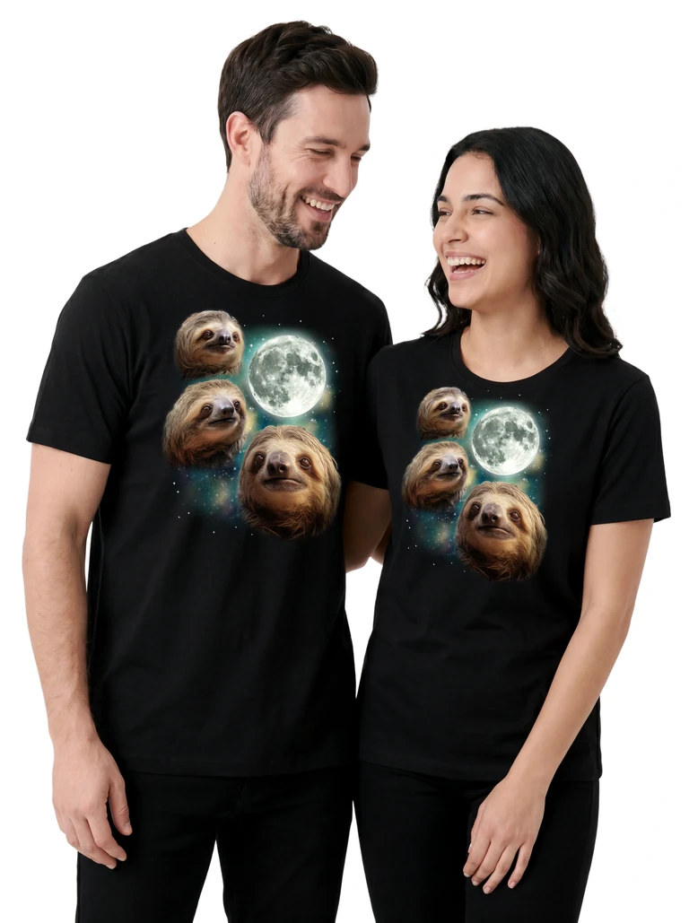 Couple wearing the Three Sloth Moon cosmic t-shirt - MagicMoon moon-channeled design