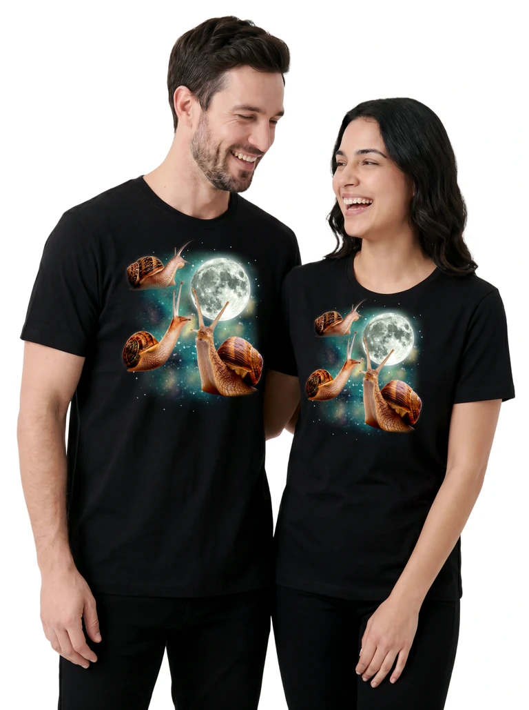 Couple wearing the Three Snails Moon cosmic t-shirt - MagicMoon moon-channeled design