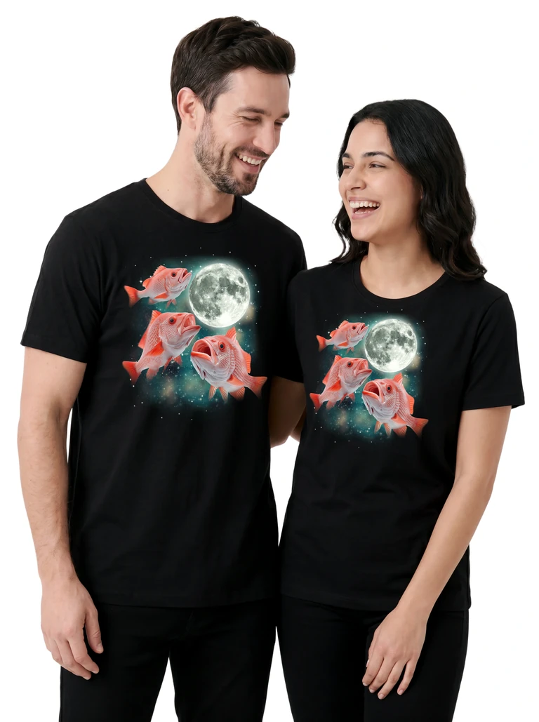 Couple wearing the Three Snapper Moon cosmic t-shirt - MagicMoon moon-channeled design
