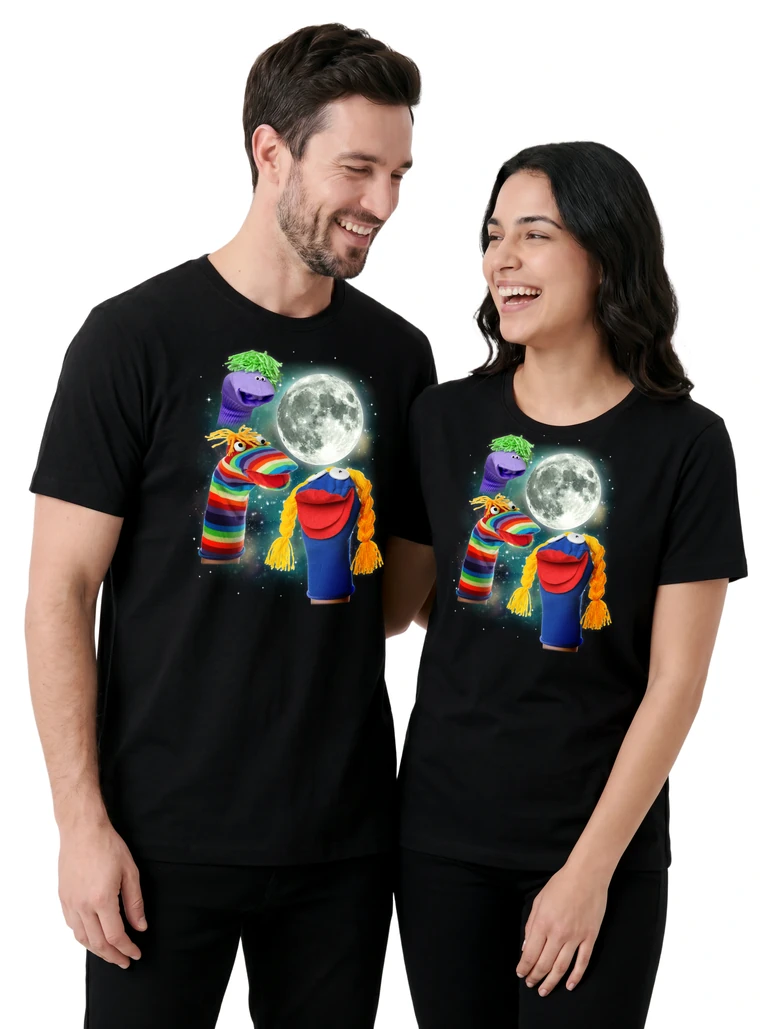 Couple wearing the Three Sock Puppet Moon cosmic t-shirt - MagicMoon moon-channeled design