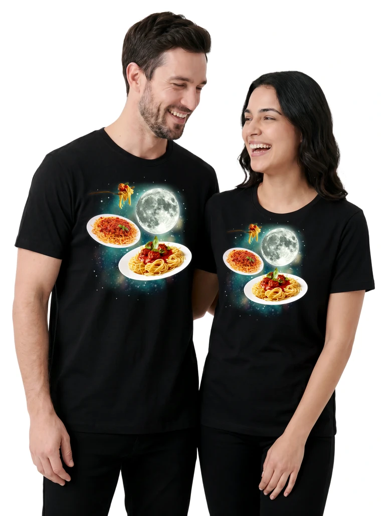 Couple wearing the Three Spaghetti Moon cosmic t-shirt - MagicMoon moon-channeled design