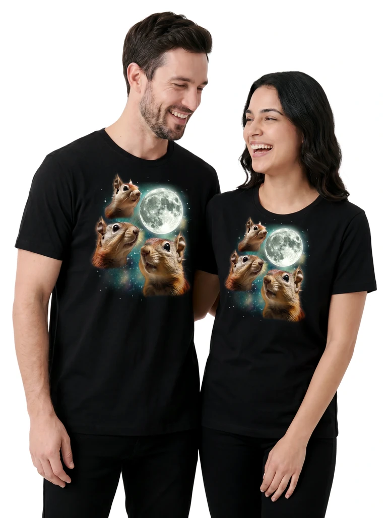 Couple wearing the Three Squirrel Moon cosmic t-shirt - MagicMoon moon-channeled design