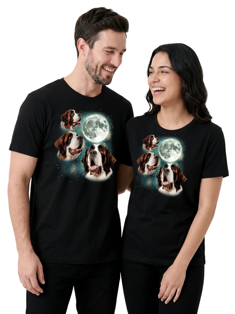 Couple wearing the Three St Bernard Moon cosmic t-shirt - MagicMoon moon-channeled design