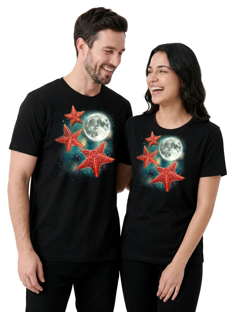 Couple wearing the Three Starfish Moon cosmic t-shirt - MagicMoon moon-channeled design