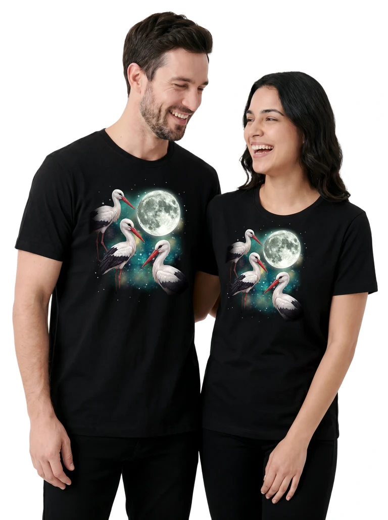 Couple wearing the Three Stork Moon cosmic t-shirt - MagicMoon moon-channeled design