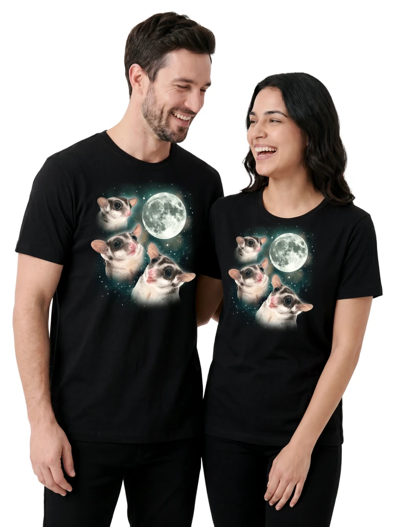 Couple wearing the Three Sugar Glider Moon cosmic t-shirt - MagicMoon moon-channeled design