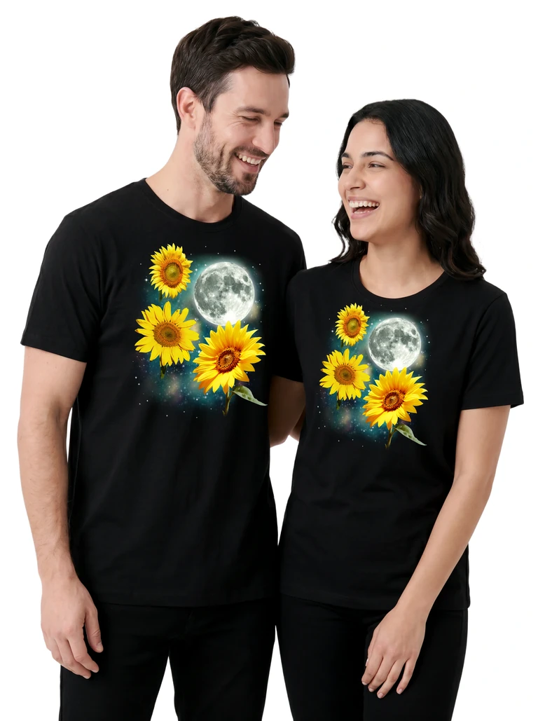 Couple wearing the Three Sunflower Moon cosmic t-shirt - MagicMoon moon-channeled design