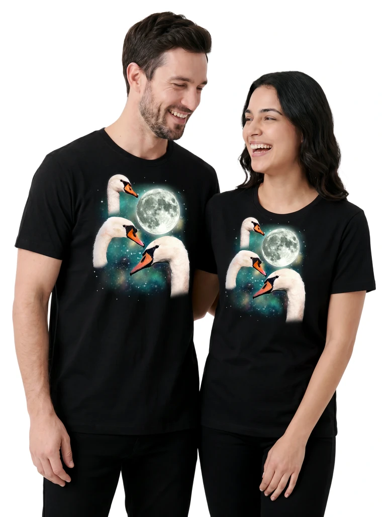 Couple wearing the Three Swans Moon cosmic t-shirt - MagicMoon moon-channeled design