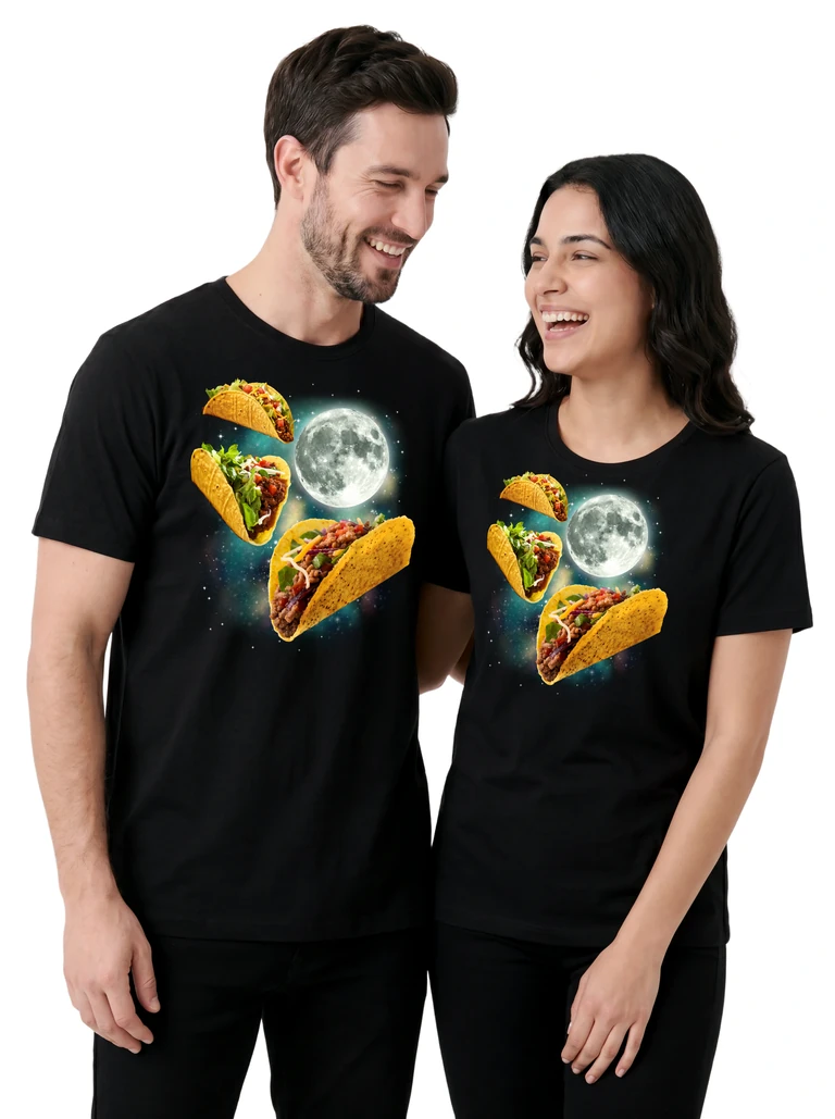 Couple wearing the Three Tacos Moon cosmic t-shirt - MagicMoon moon-channeled design