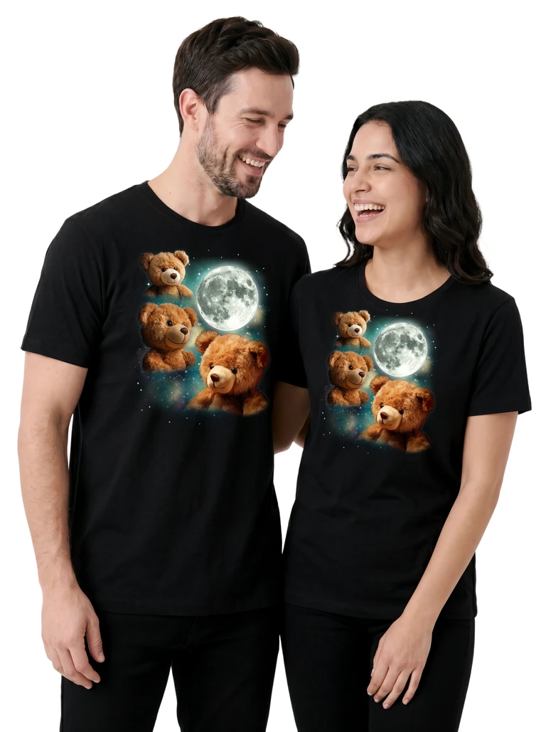 Couple wearing the Three Teddy Bear Moon cosmic t-shirt - MagicMoon moon-channeled design