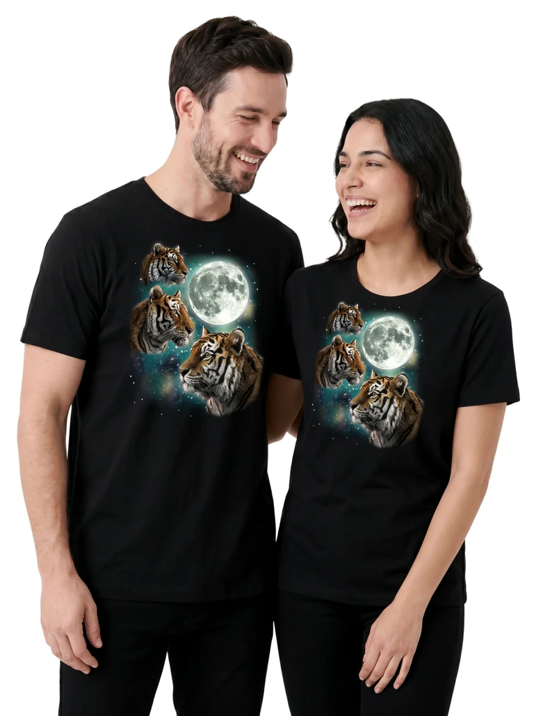 Couple wearing the Three Tiger Moon cosmic t-shirt - MagicMoon moon-channeled design