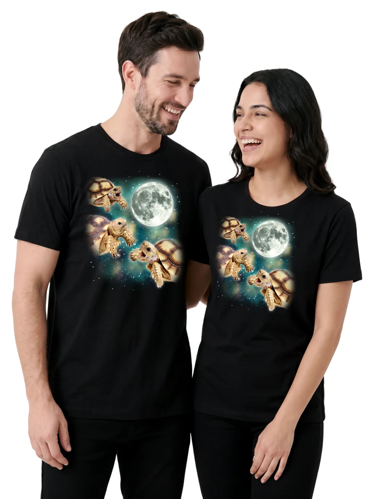Couple wearing the Three Tortoise Moon cosmic t-shirt - MagicMoon moon-channeled design