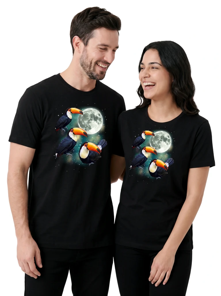 Couple wearing the Three Toucan Moon cosmic t-shirt - MagicMoon moon-channeled design