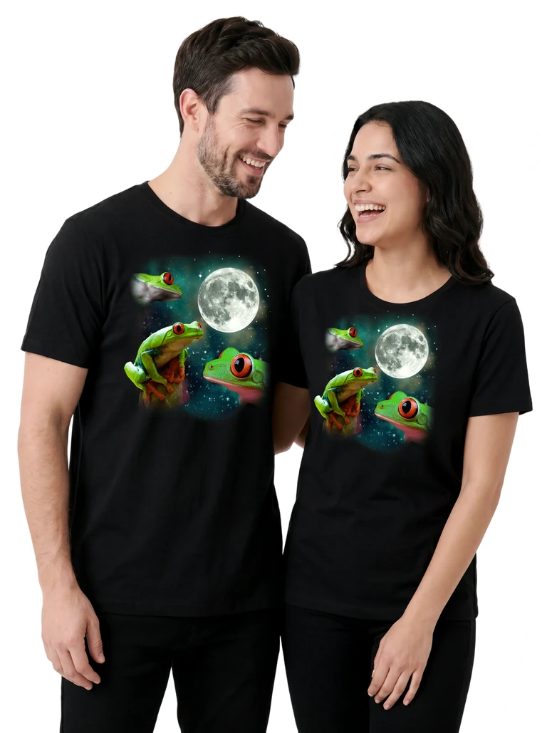 Couple wearing the Three Tree Frog Moon cosmic t-shirt - MagicMoon moon-channeled design