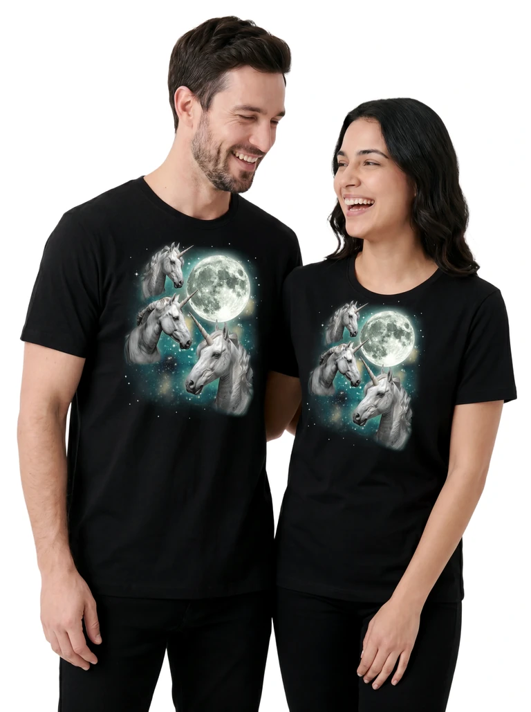 Couple wearing the Three Unicorn Moon cosmic t-shirt - MagicMoon moon-channeled design