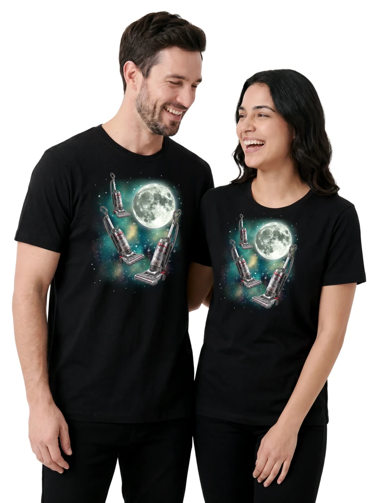 Couple wearing the Three Vacuum Moon cosmic t-shirt - MagicMoon moon-channeled design