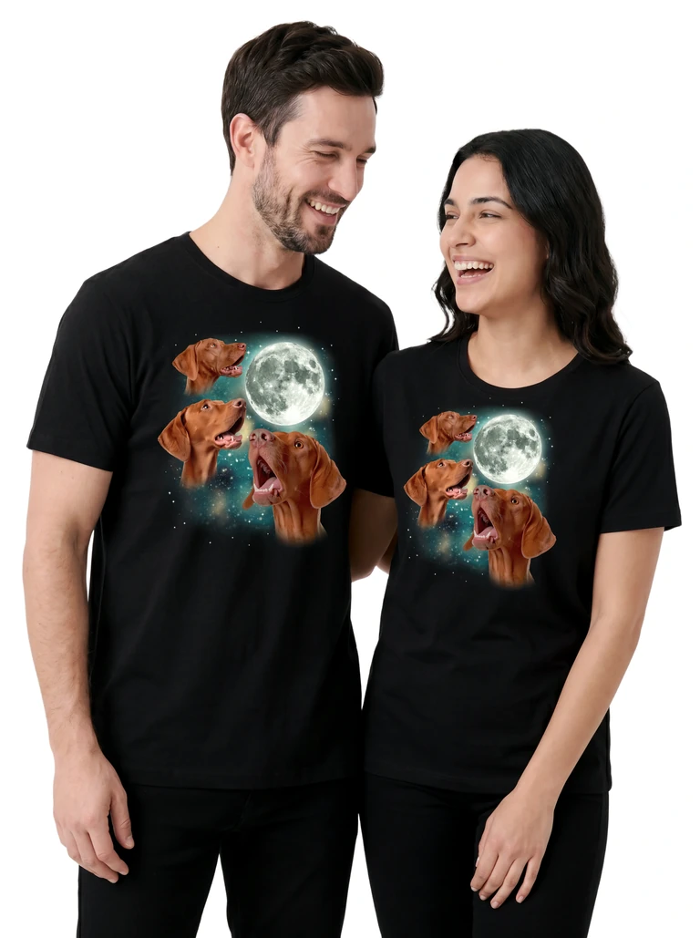 Couple wearing the Three Vizsla Moon cosmic t-shirt - MagicMoon moon-channeled design