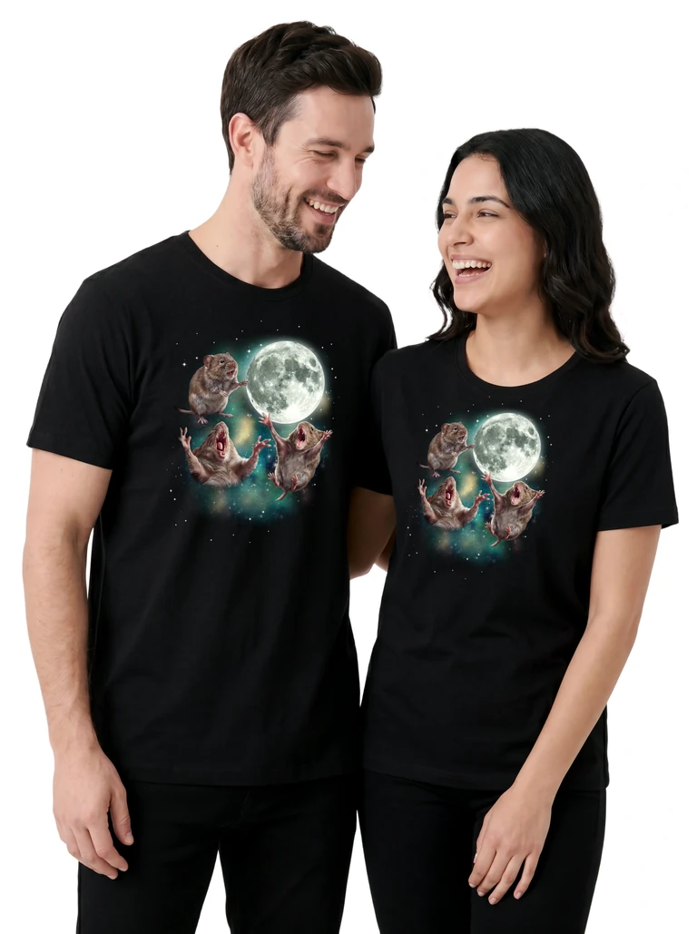 Couple wearing the Three Vole Moon cosmic t-shirt - MagicMoon moon-channeled design